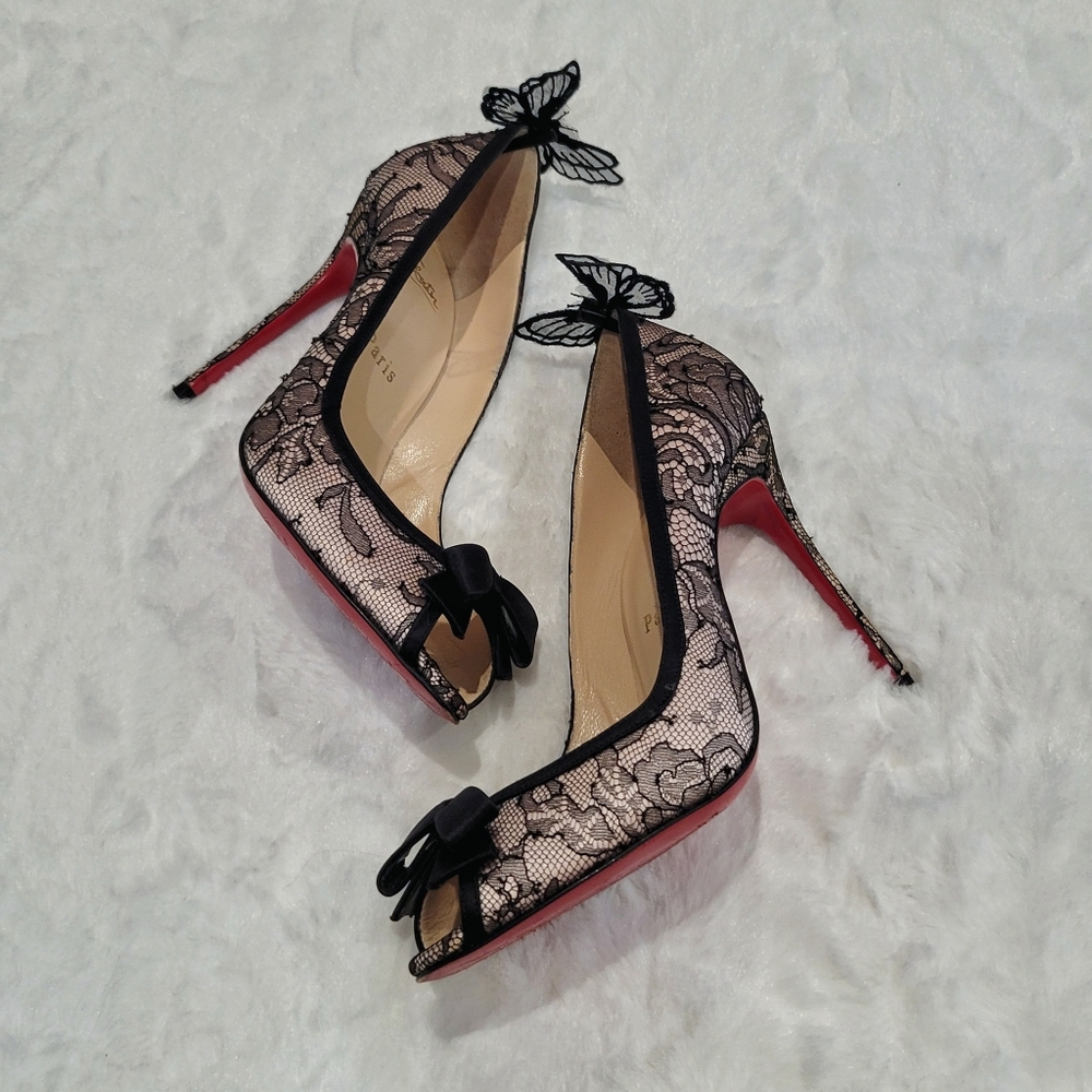 COPY - Christian Louboutin Milady Chantilly Lace bow peep-toe butterfly shoes 3…